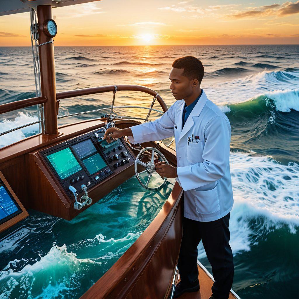 A skilled navigator sailing a ship through rolling ocean waves, surrounded by floating medical equipment like stethoscopes and charts, symbolizing the complexities of medical billing and healthcare management. The sun sets on the horizon casting a warm glow, with elements of navigation and finance integrated subtly into the sea waves. super-realistic. vibrant colors. 3D.